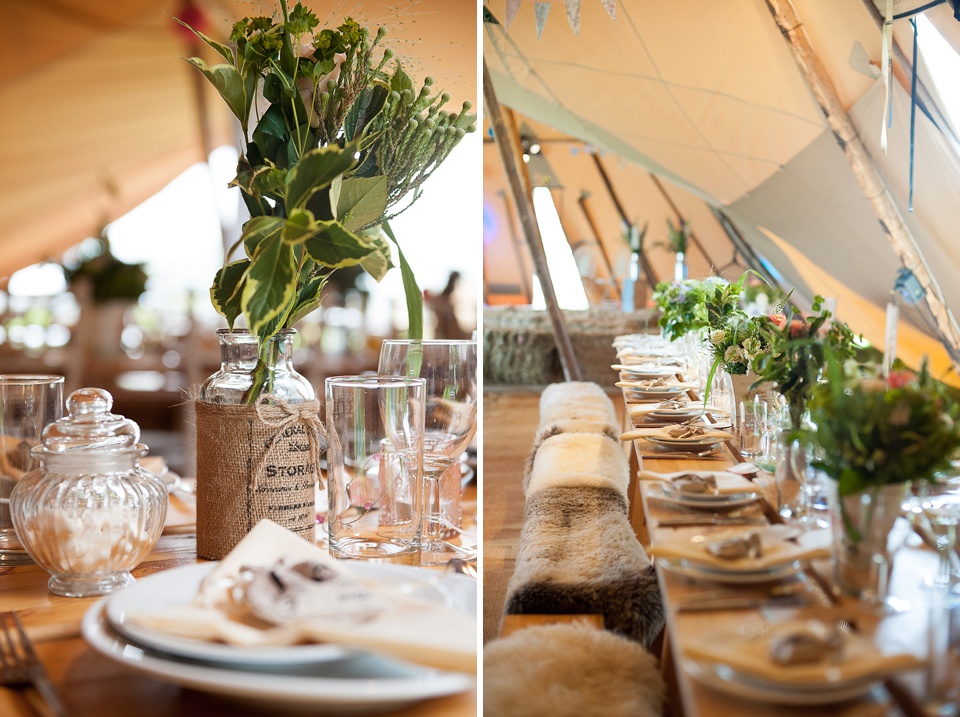 Rustic Teepee wedding with trestle tables and hay bales
