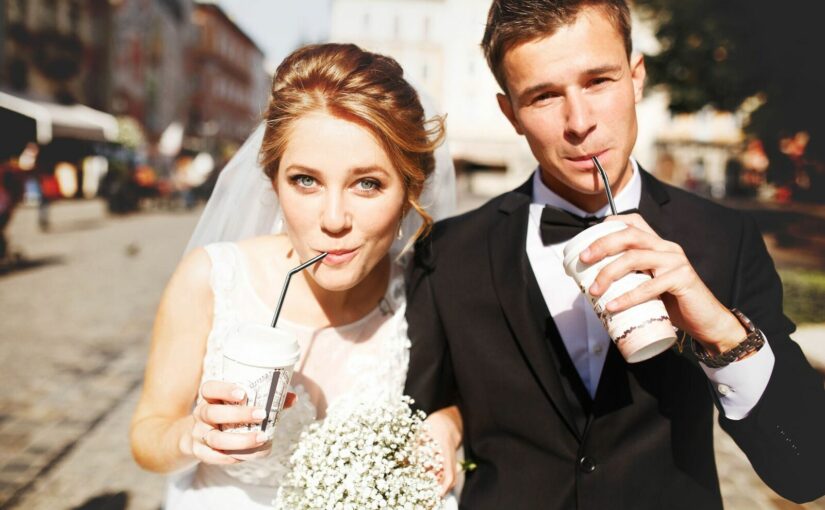 bride and groom with milkshake